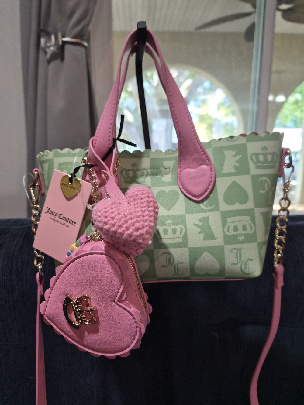 Juicy Couture Pink & Mint Checker Heart Tote with Charm